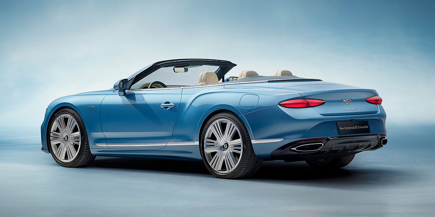 Bentley Auckland New Bentley Continental GTC Azure convertible rear view in Light Windsor blue paint with 22 inch ten spoke wheels and chrome exterior details