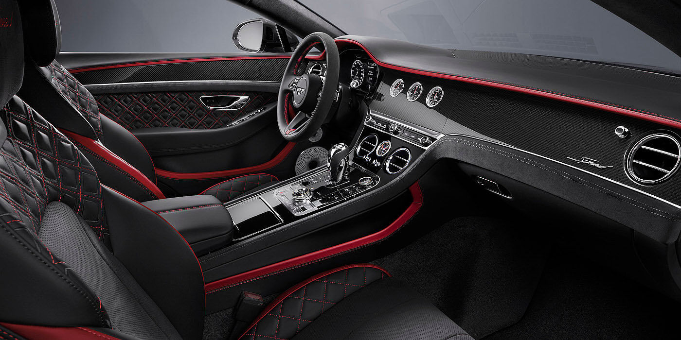 Bentley Auckland Bentley Continental GT Speed coupe front interior in Beluga black and Hotspur red hide