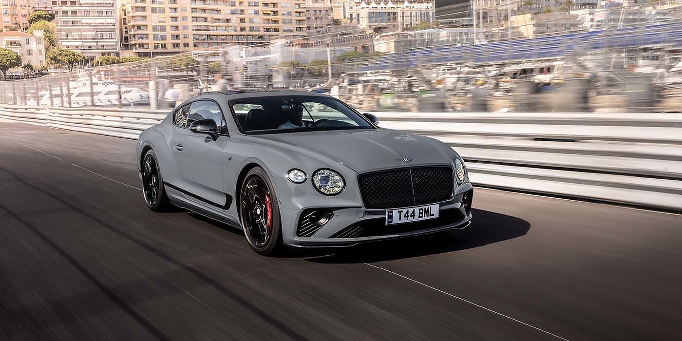 Bentley Auckland Bentley Continental GT S coupe in Cambrian Grey paint front 34 dynamic driving on track