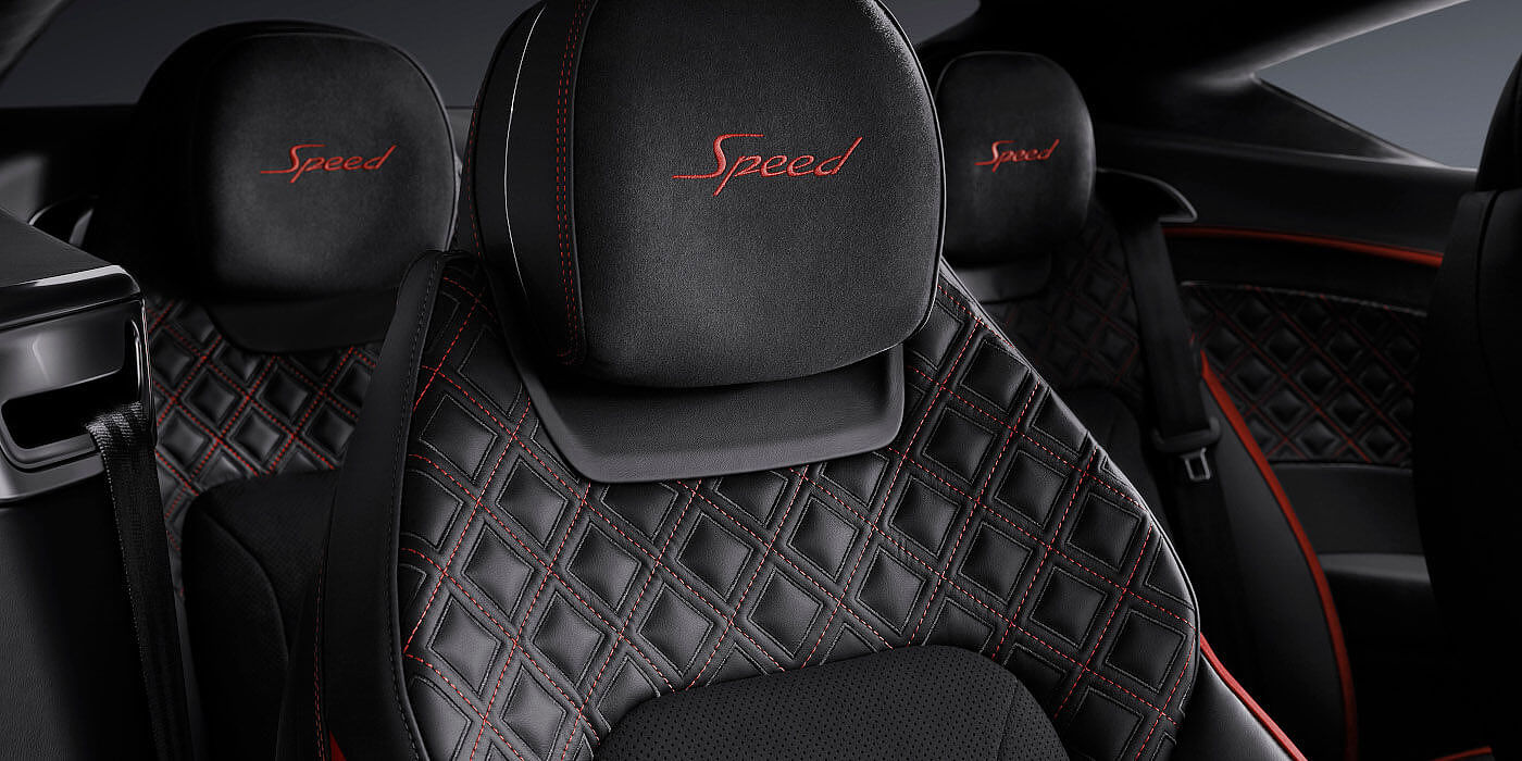 Bentley Auckland Bentley Continental GT Speed coupe seat close up in Beluga black and Hotspur red hide