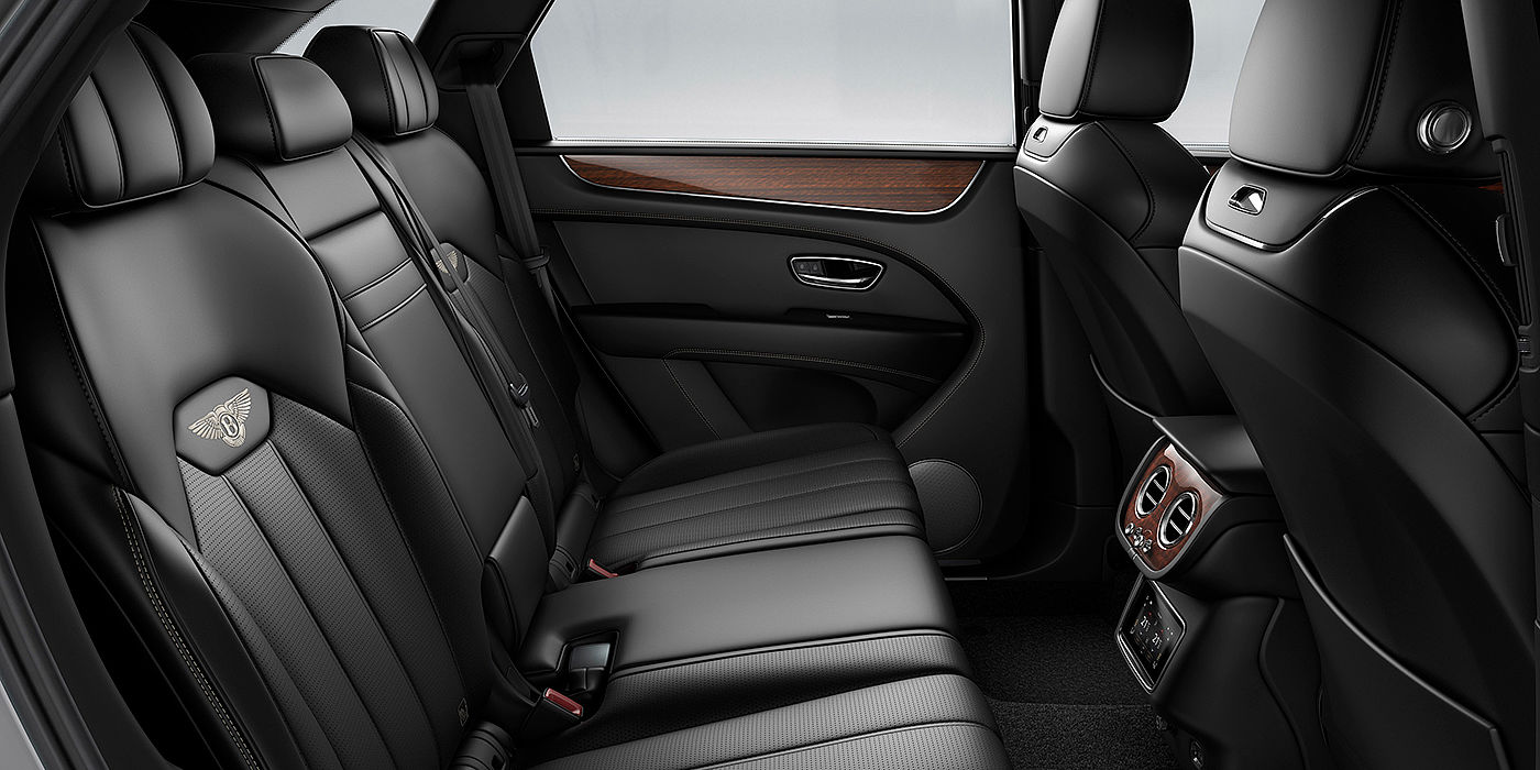 Bentley Auckland Bentey Bentayga interior view for rear passengers with Beluga black hide.