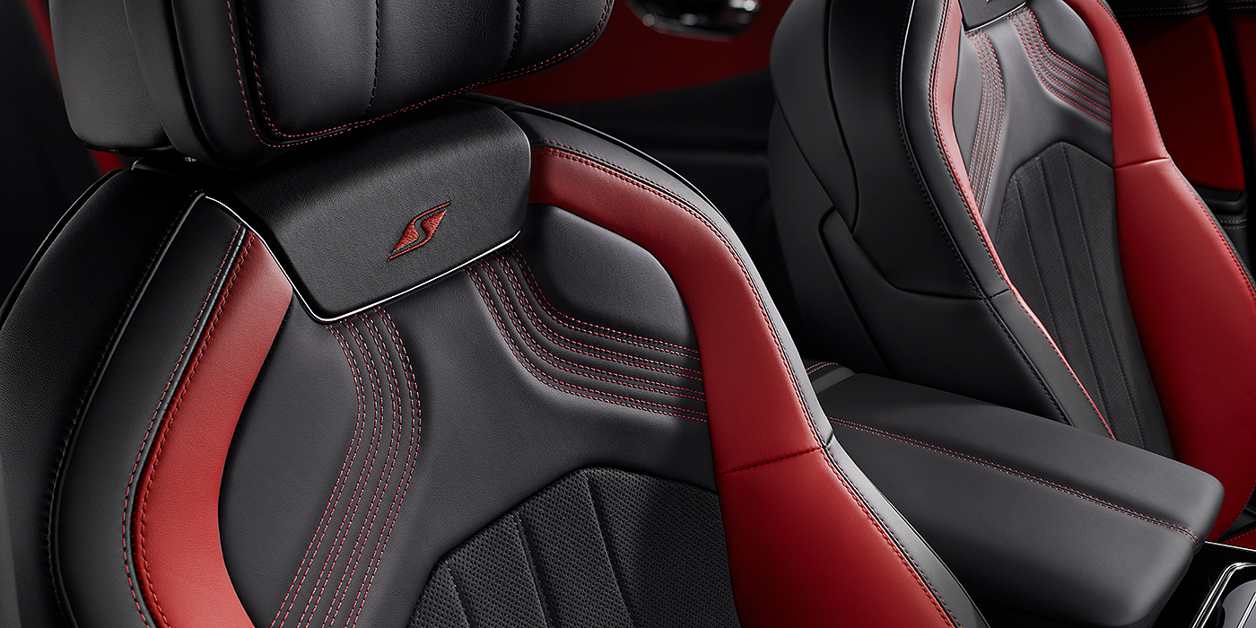 Bentley Auckland Bentley Flying Spur S seat in Beluga black and \hotspur red hide with S emblem stitching