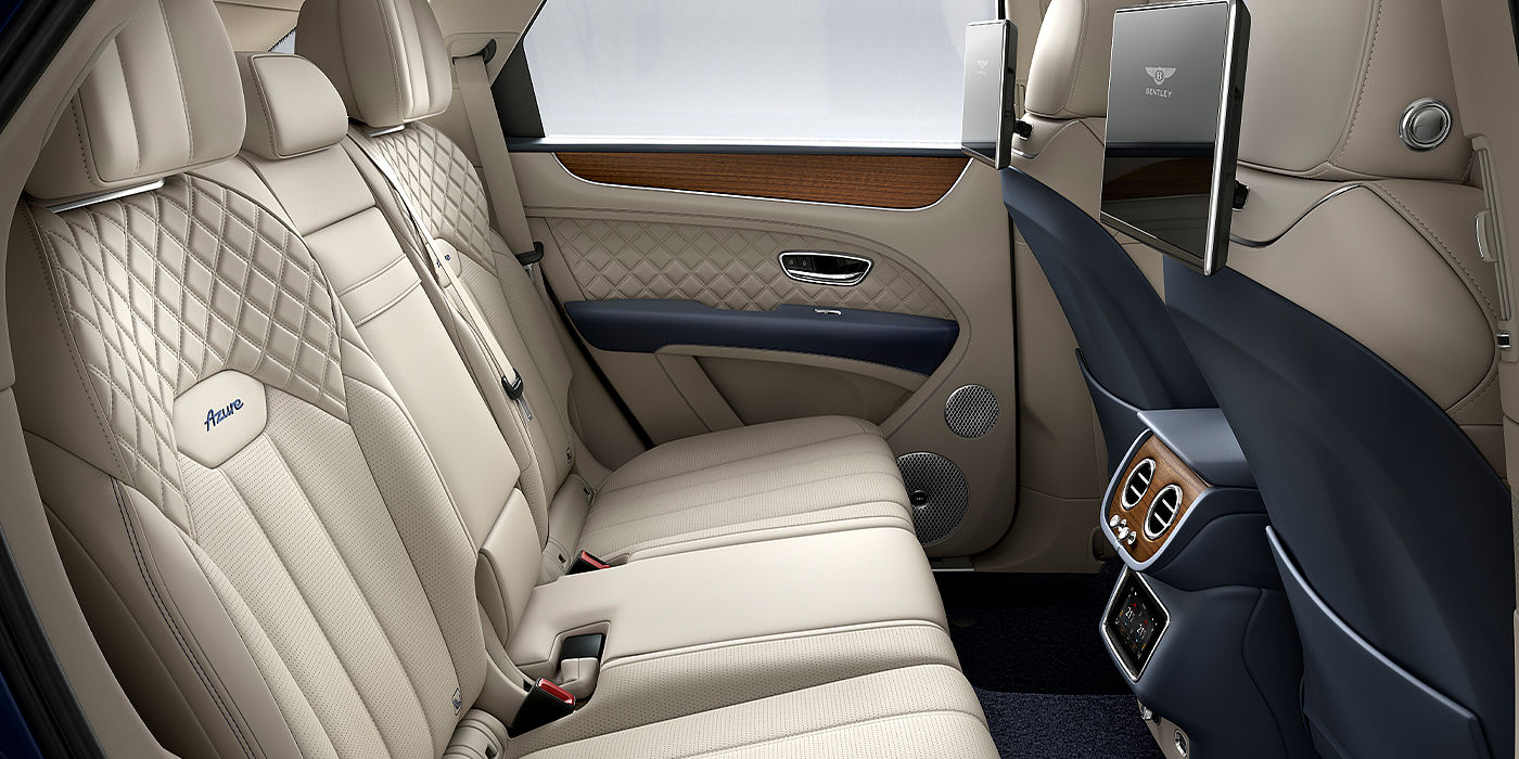 Bentley Auckland Bentley Bentayga Azure SUV rear interior in Imperial Blue and Linen hide