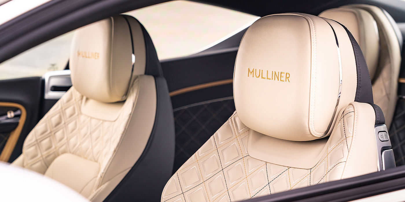 Bentley Auckland Bentley Continental GT Mulliner coupe seat detail in Beluga black and Linen hide